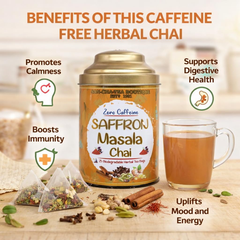 Sancha Tea Boutique, Saffron Masala Chai, Caffeine Free Chai, Pure